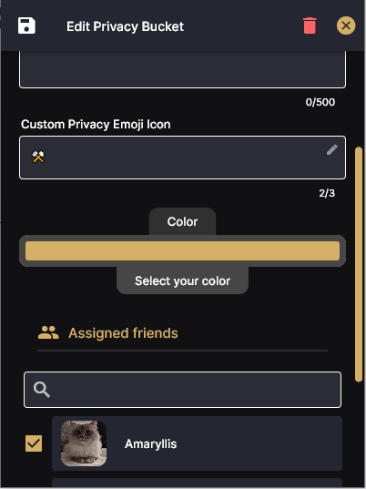 Image showing the settings of a privacy bucket where you can assign friends