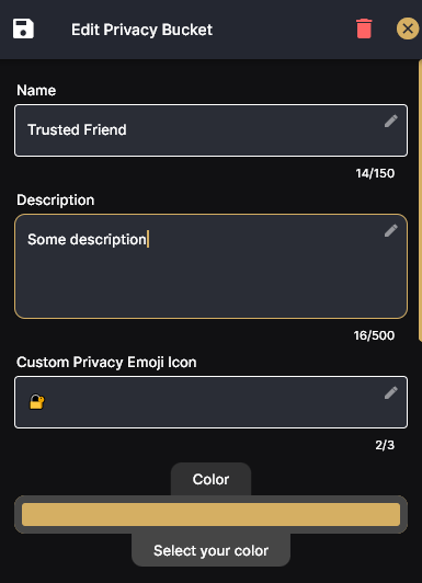 Image showing the Privacy Bucket Edit UI